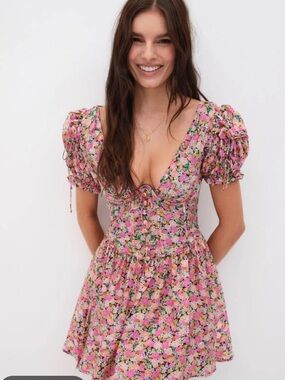 For Love & Lemons Pink Floral Puff-Sleeve Mini Dress